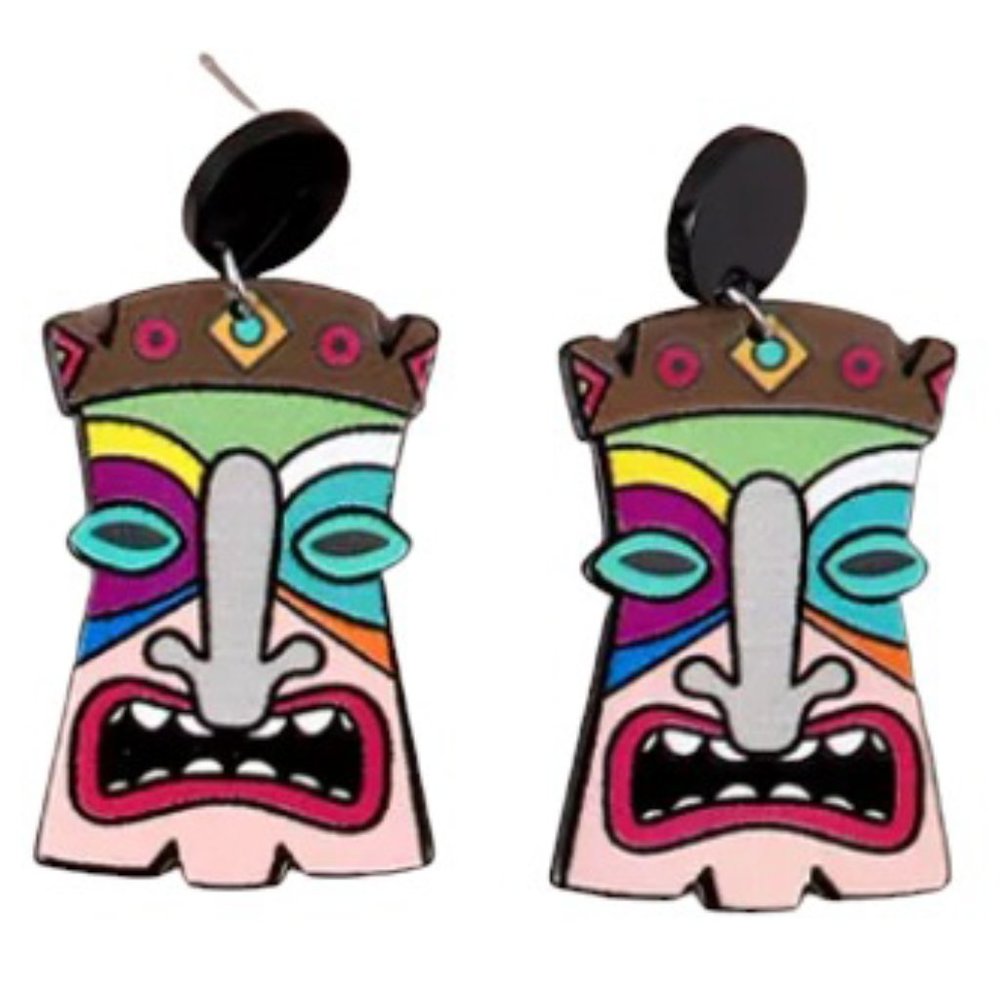 Large Big Colourful Hawaiian Tiki Mask Statement Earrings Multi Coloured